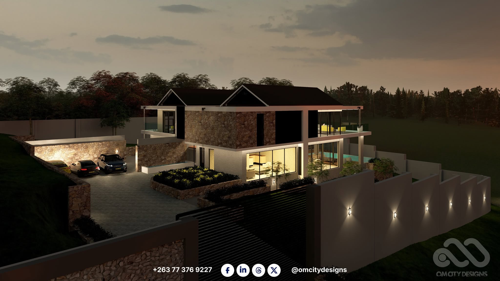 Hillside Villa night render — OM City Designs