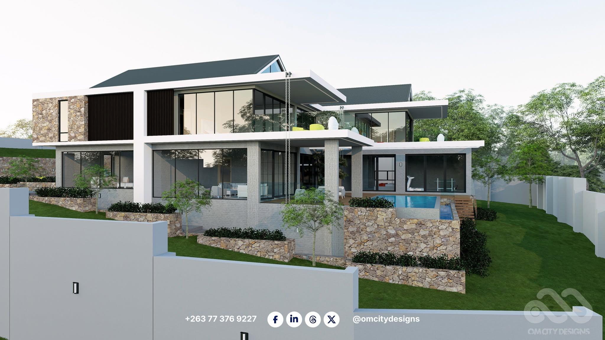 Villa rear elevation with pool