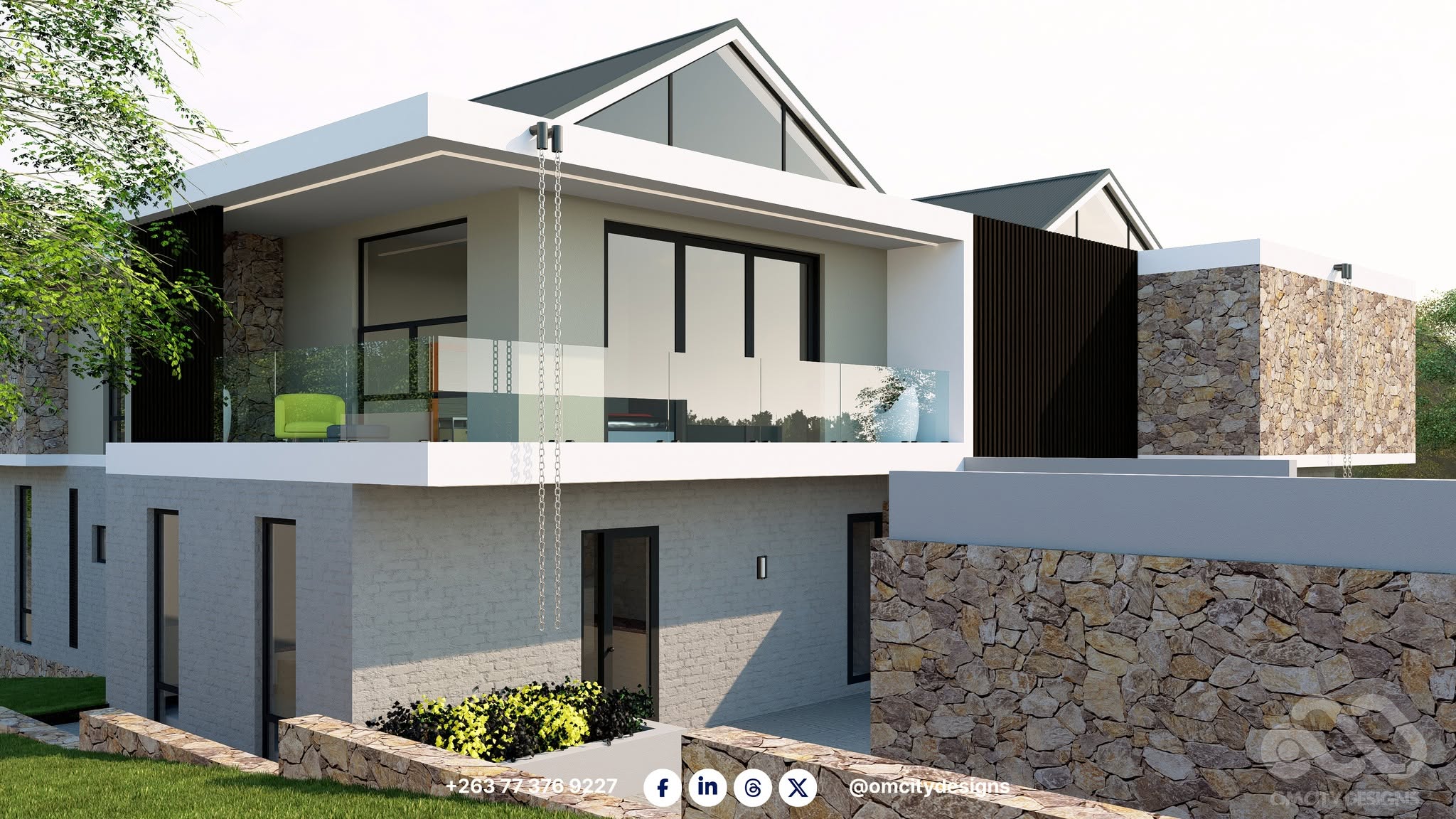 Villa side elevation, stone and glass